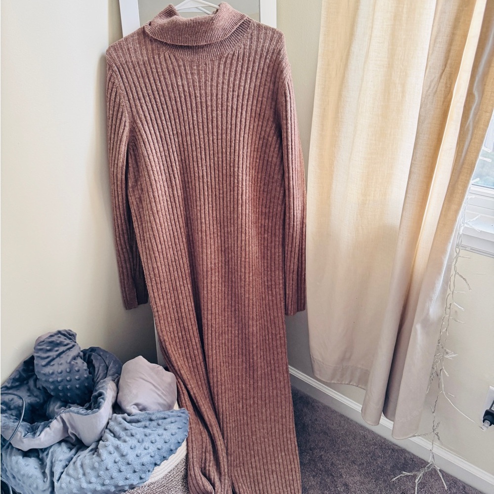 ASOS Long Sleeve Ribbed Knit Dress in Brown